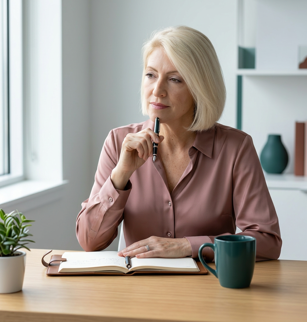 Woman sitting thoughtfully