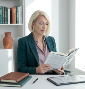 Dr. Kay reading a book, pensive