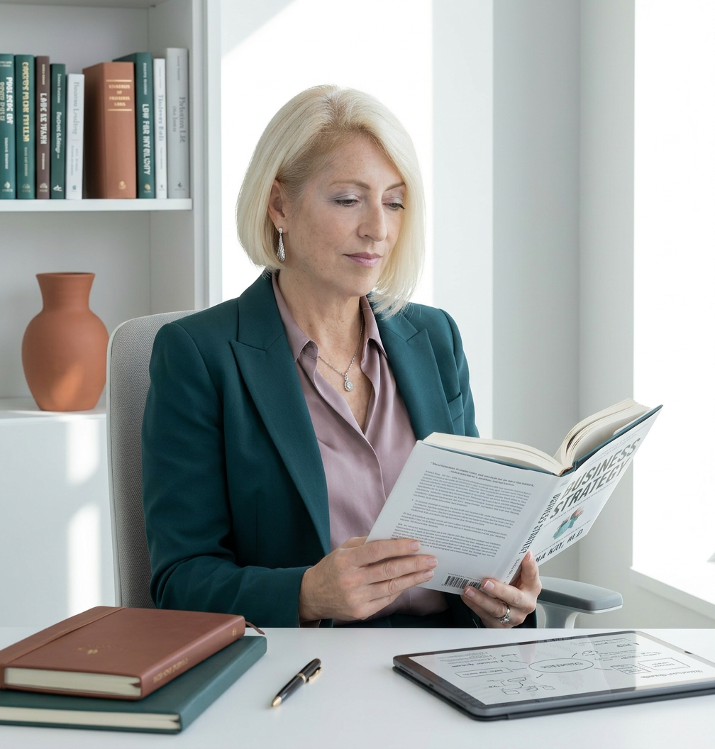 Dr. Kay reading a book, pensive